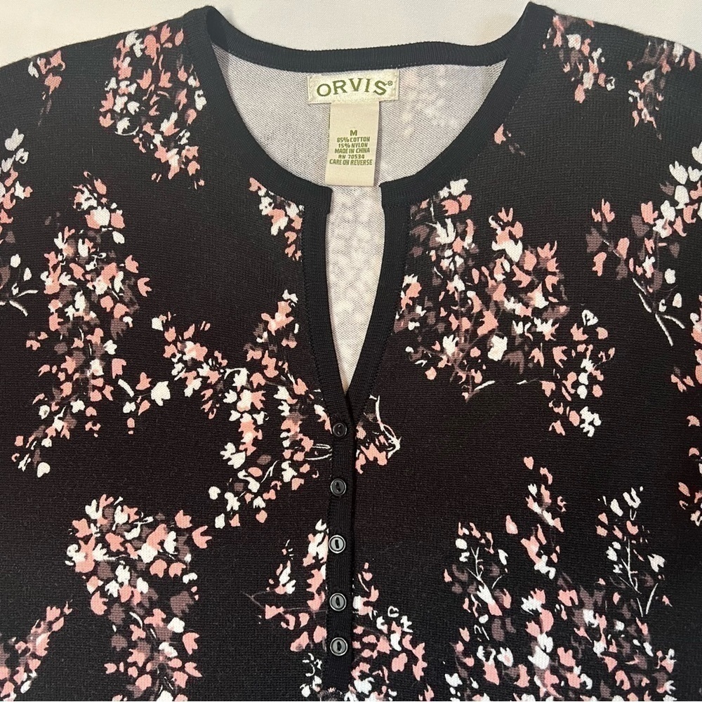 Orvis Cotton Knit 3/4 Sleeve Pullover‎ Sweater Top Sz M Black Pink Floral EUC